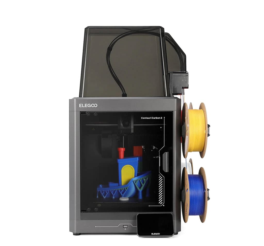 ELEGOO Centauri Carbon 2 Combo enclosed 3D printer with four filament spools mounted on the side