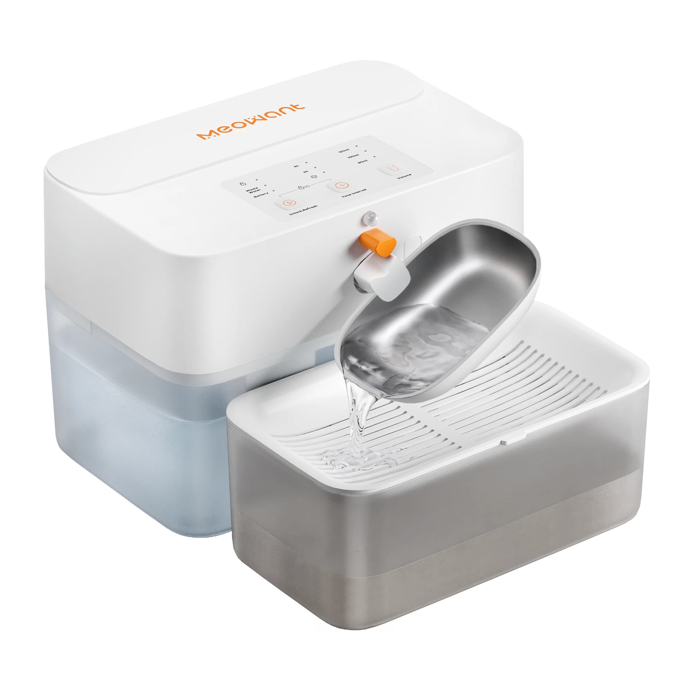 MeoWant DF03 white cat water fountain with a stainless steel bowl and separate tanks