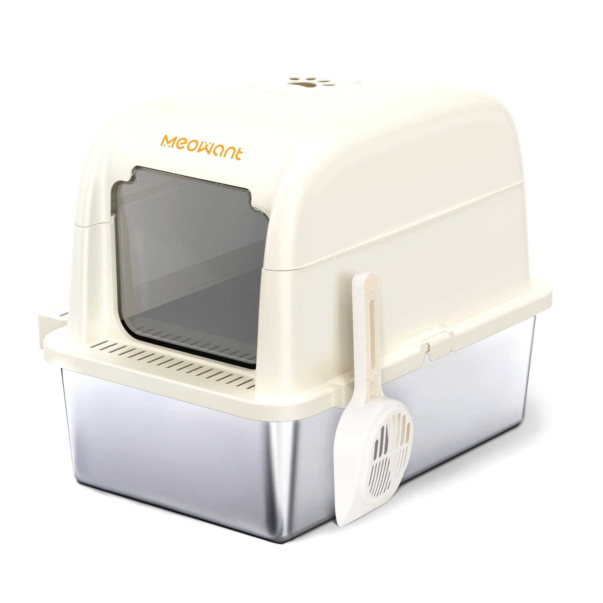 MeoWant LB02 stainless steel litter box with a cream hood and a scoop