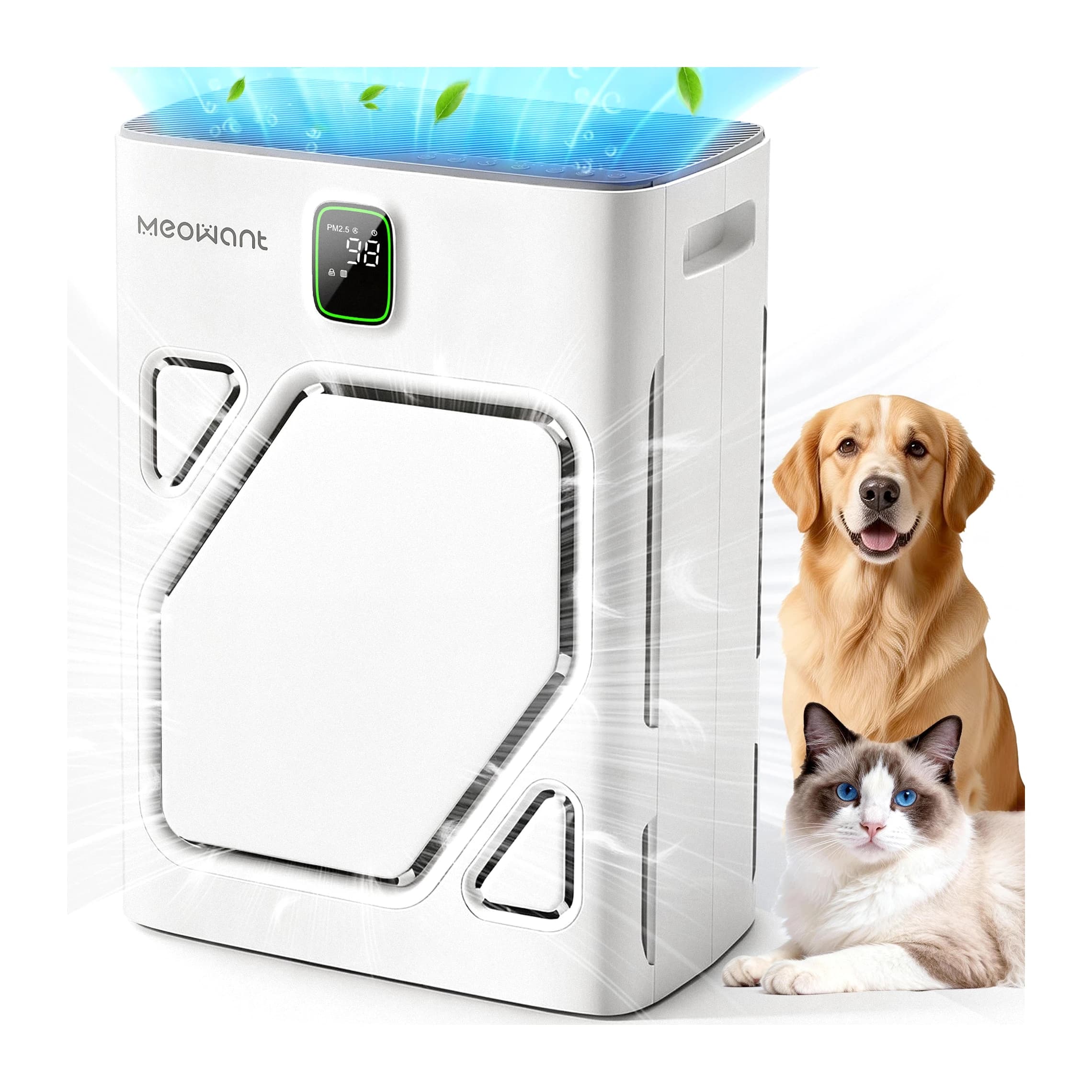 MeoWant PA16 white pet air purifier with a digital display, shown with a dog and a cat