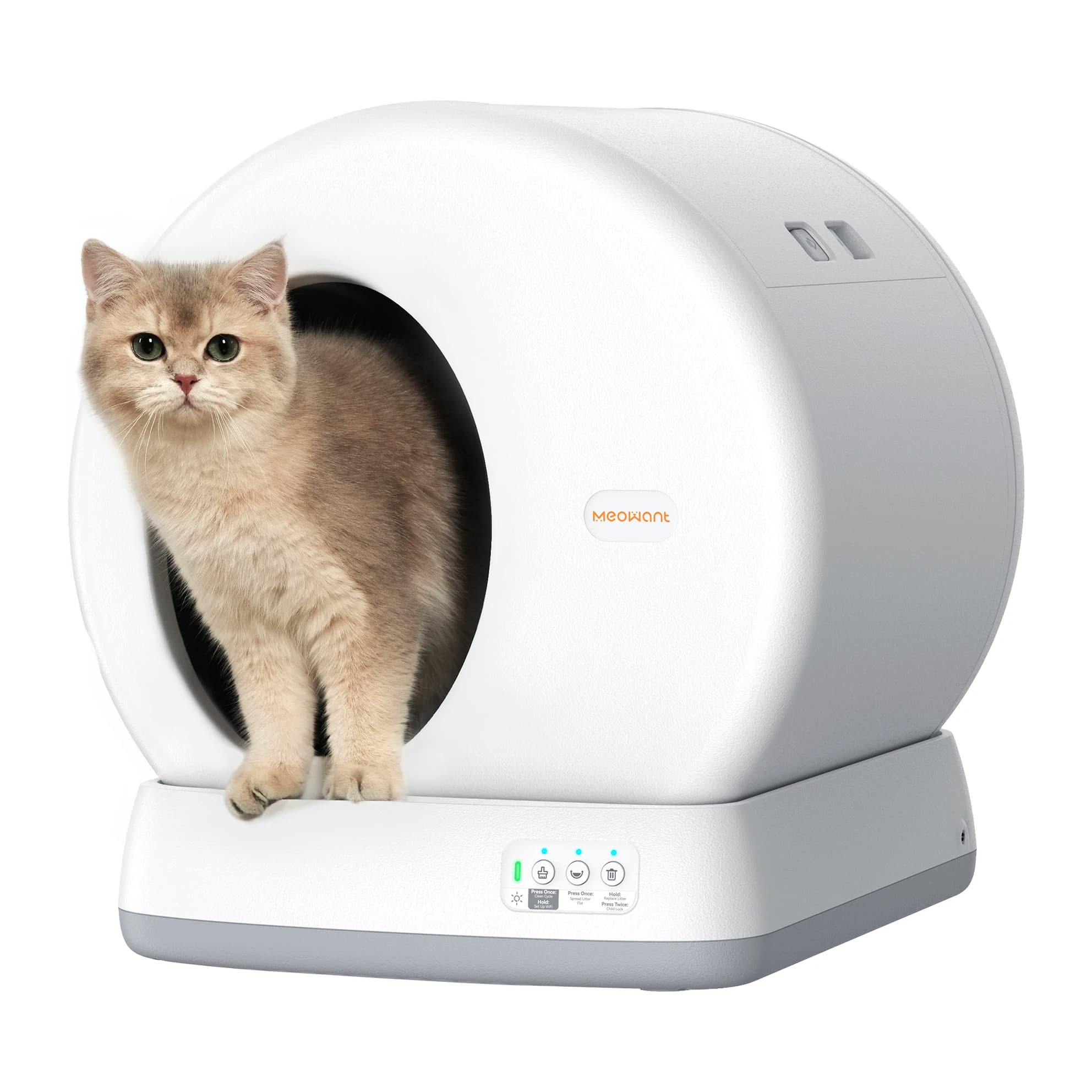 MeoWant SC01 white round self-cleaning litter box with a cat stepping out