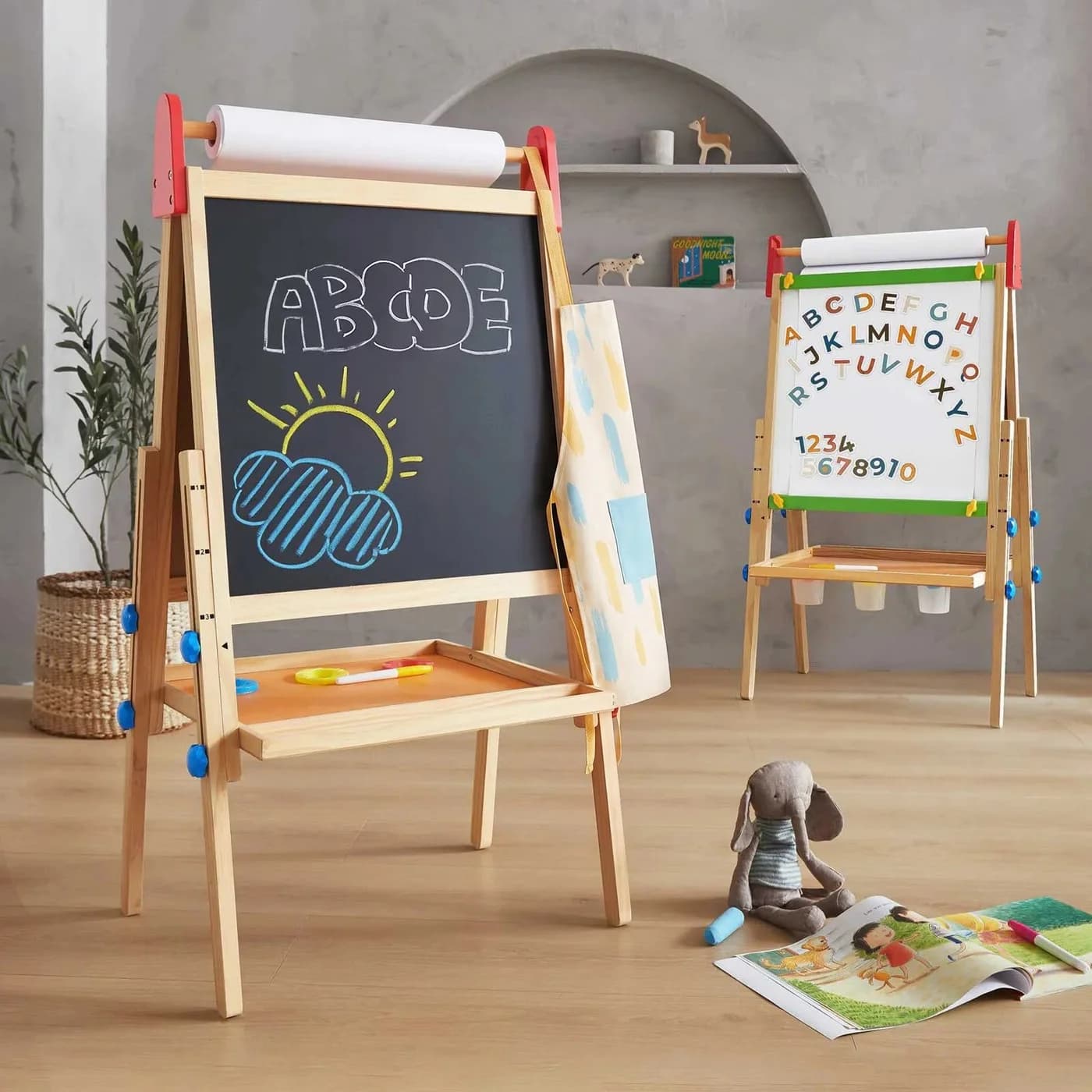 Tiny Land wooden 3-in-1 art easel with a chalkboard, paper roll and storage tray