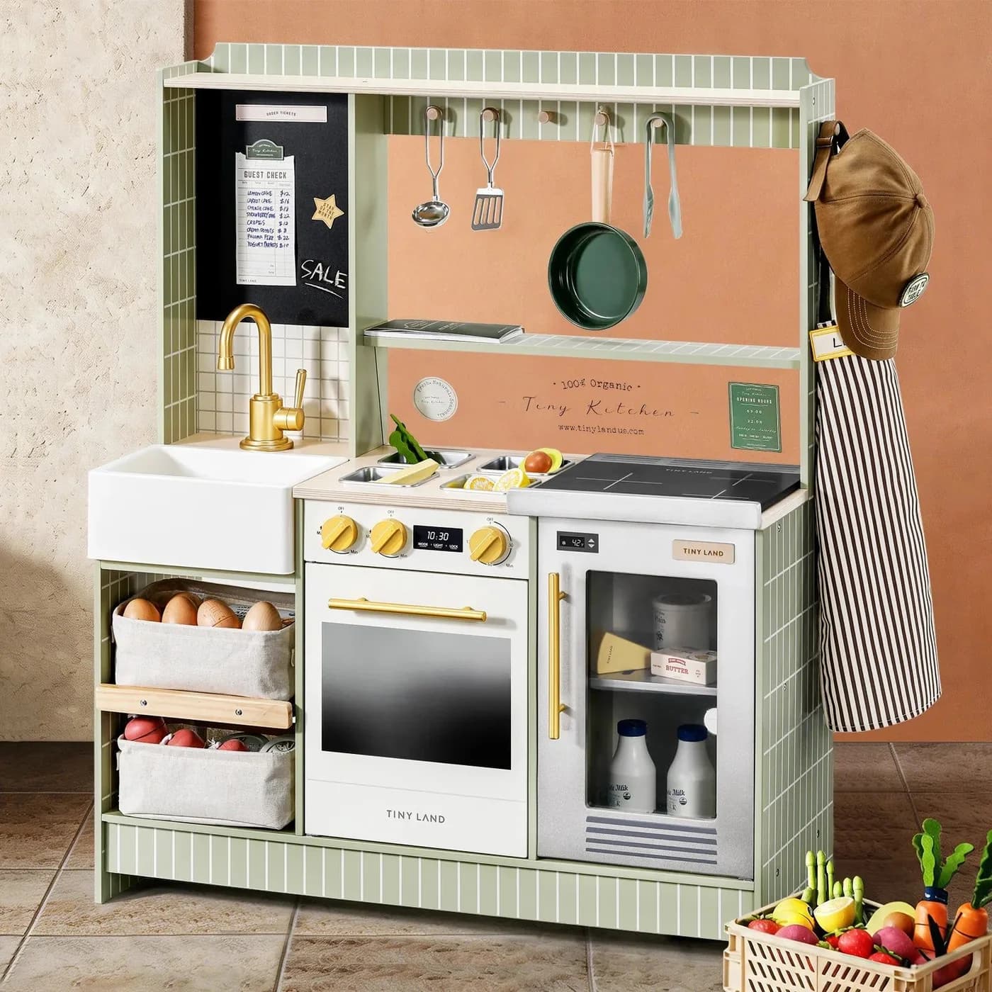 Tiny Land BistroSwitch wooden play kitchen with a sink, oven, transparent fridge and accessories