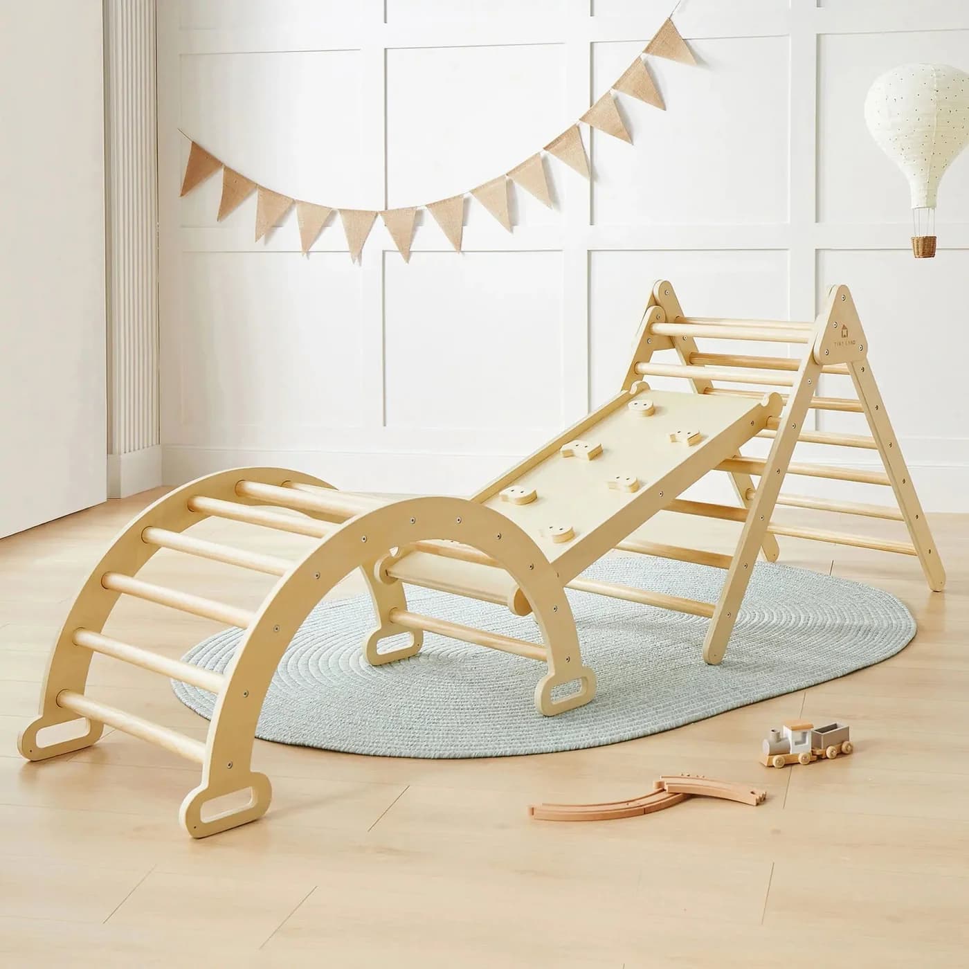 Tiny Land wooden Pikler triangle climbing set with an arch and slide