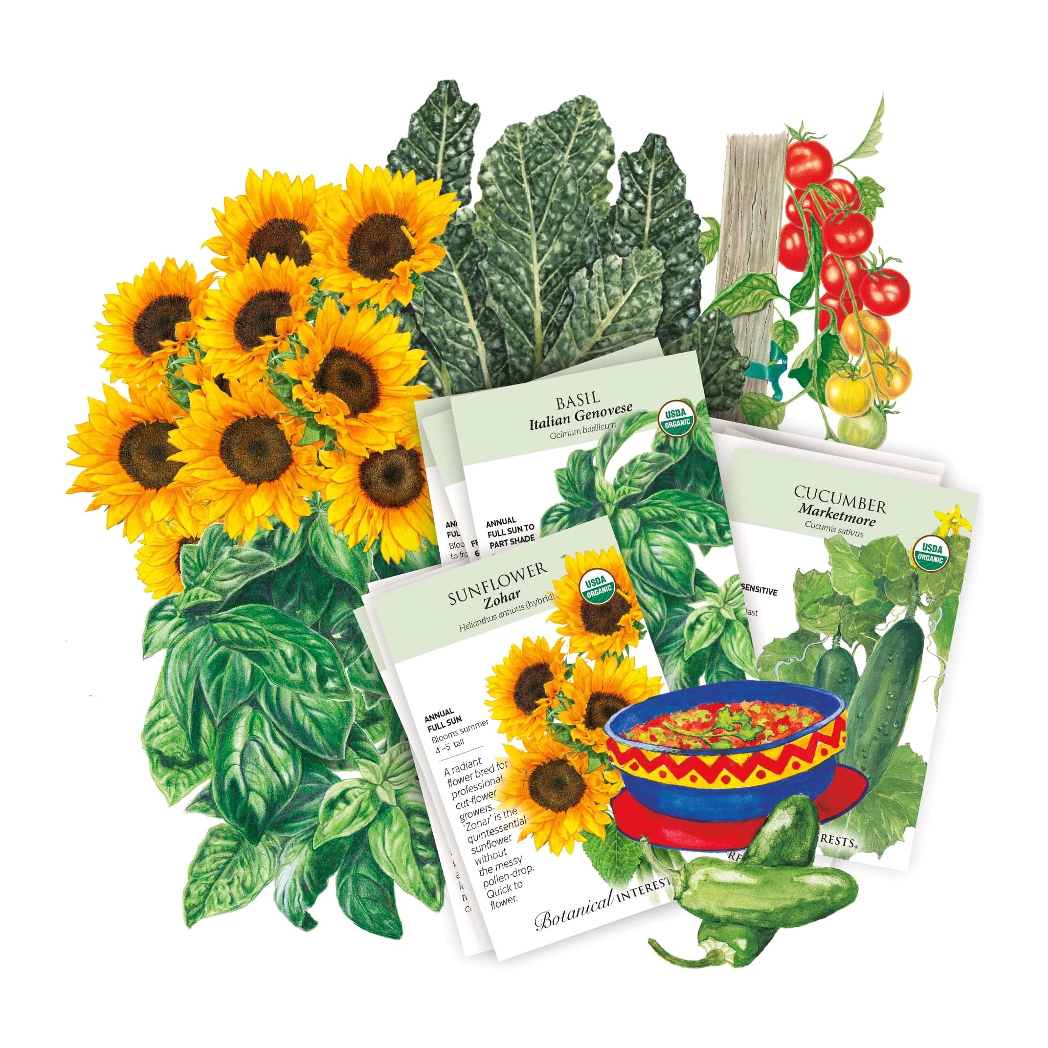 Botanical Interests Beginner's Garden Seed Bundle with seed packets, sunflowers, kale and vegetables