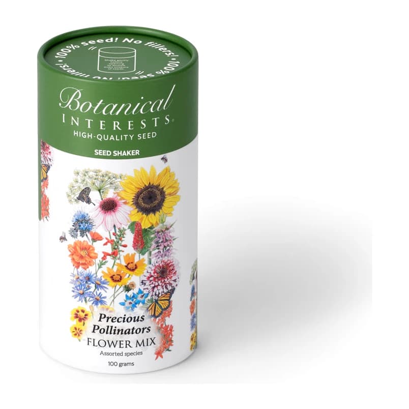 Botanical Interests Precious Pollinators flower mix seed shaker tube with a floral label