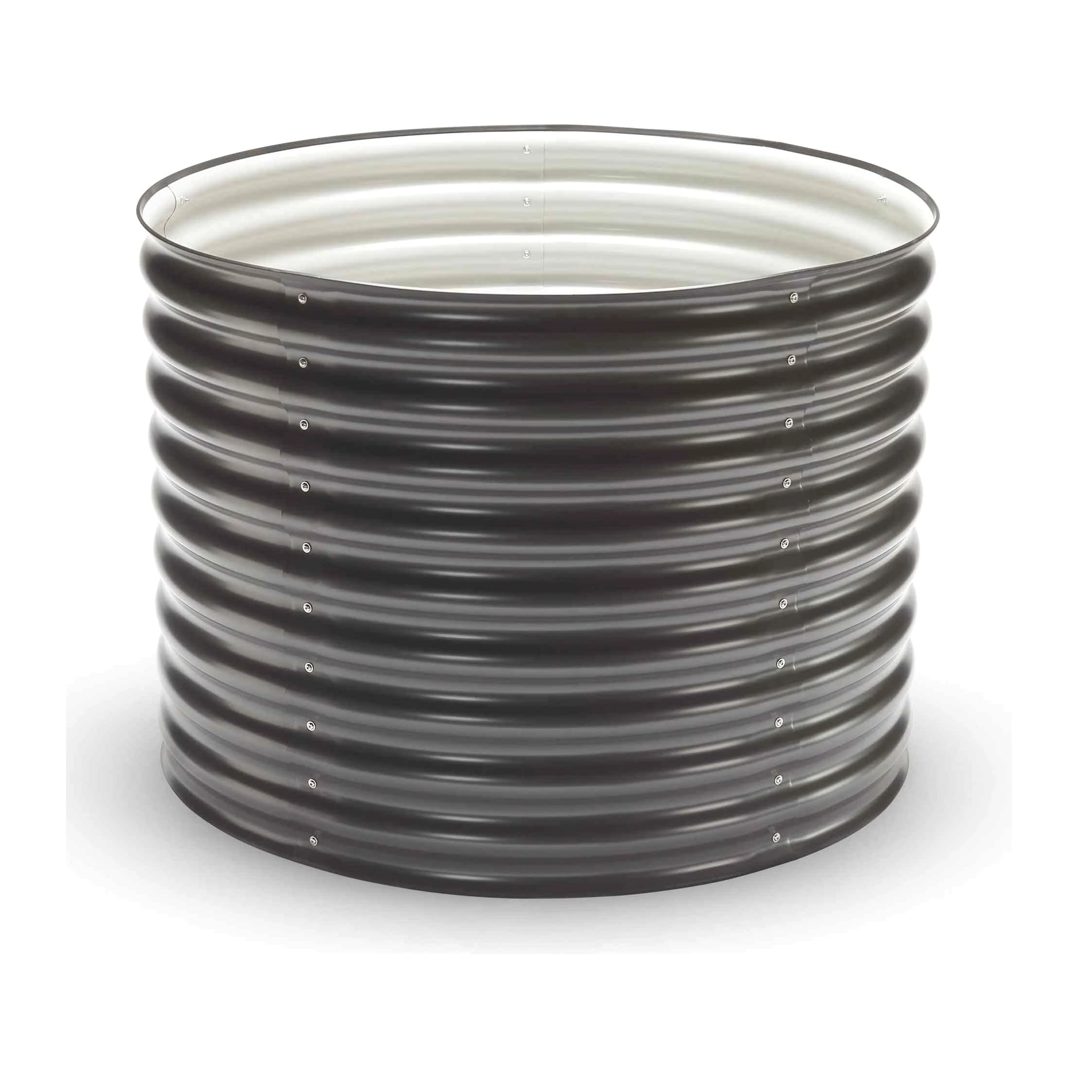 Botanical Interests round metal raised garden bed in dark slate with ribbed steel walls