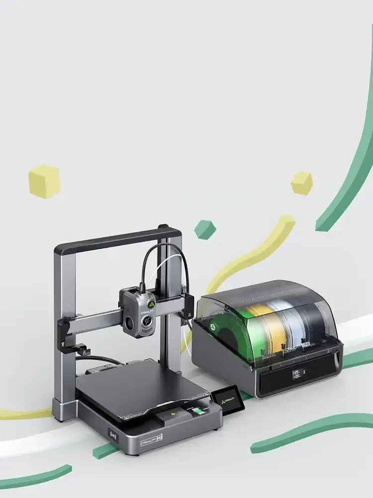 Creality Hi 3D printer on a light background next to its CFS multicolor filament unit