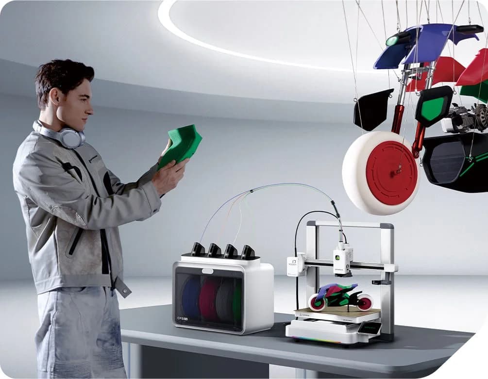 Creality SPARKX i7 multicolor desktop 3D printer with a filament box, in a bright studio scene