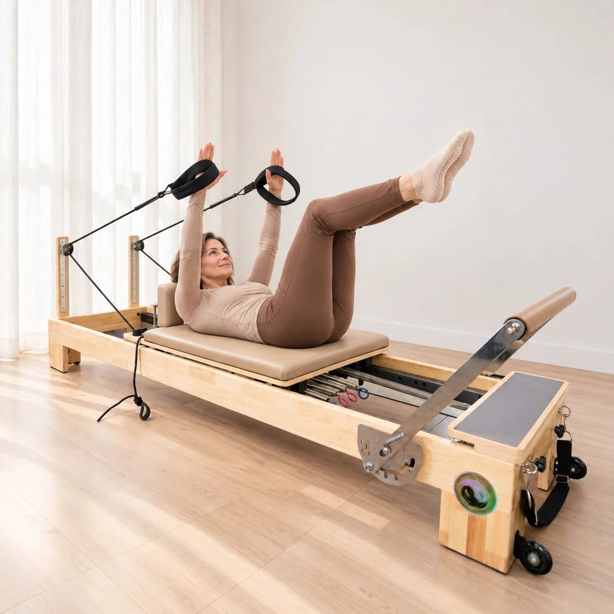 PersonalHour Nano Pro Lite Pilates reformer in a bright room with a person exercising