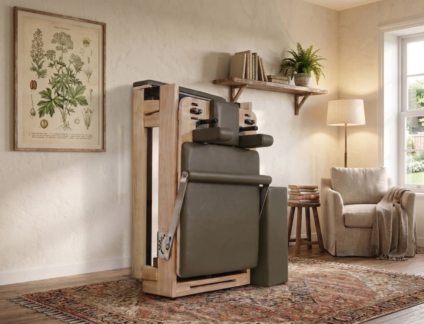 PersonalHour Nour 2.0 Advanced foldable Pilates reformer folded upright in a living room