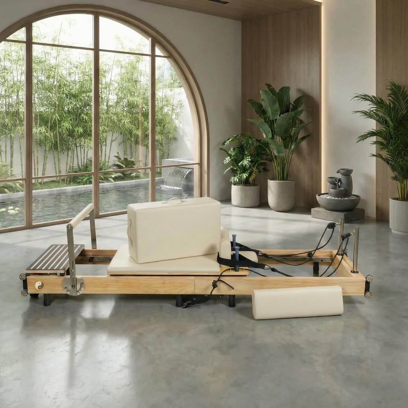 PersonalHour Zous Pro foldable Pilates reformer in a bright room with a large arched window