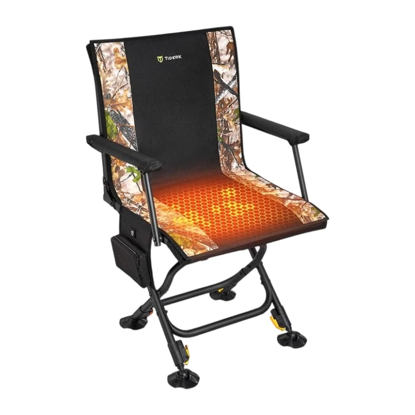 TIDEWE heated hunting chair with camouflage trim, glowing heated seat and adjustable legs
