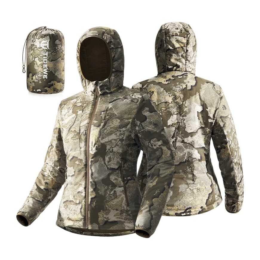 TIDEWE TimberShade Pro women's lightweight hunting jacket in camouflage and black with a packed pouch