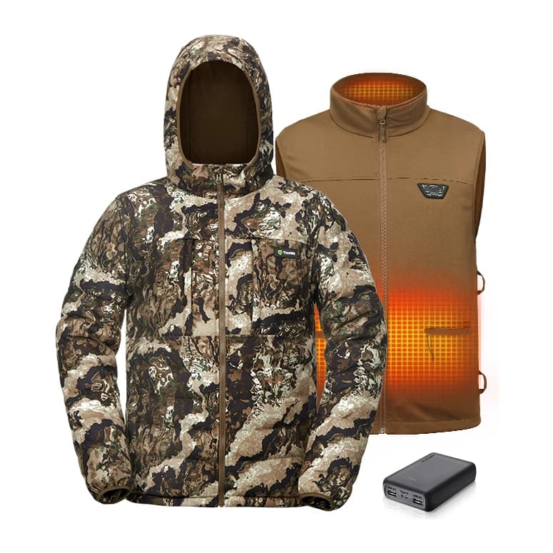 TIDEWE UniHeat 3-in-1 hooded camouflage jacket with a heated vest and battery pack