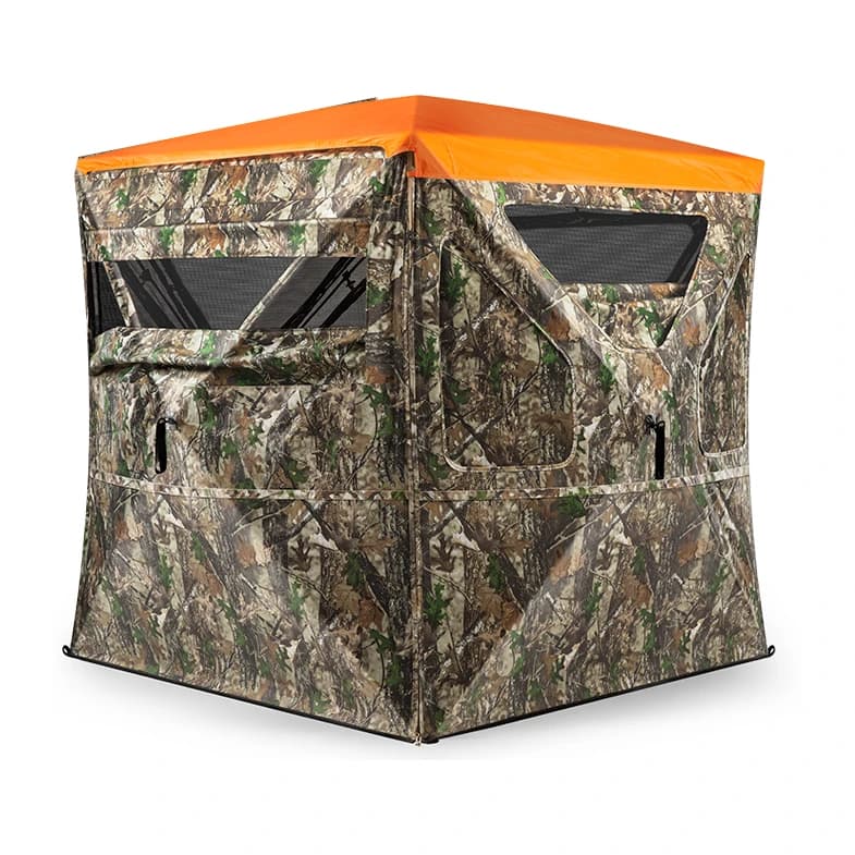 TIDEWE Vis360 see-through pop-up hunting blind in camouflage with an orange roof